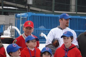 Blackhawks legend Stan Mikita and Cubs pitcher Ryan Dempster at opening of Rink at Wrigley. Photo by Laurie Borman